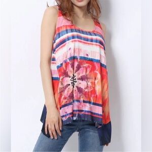 Desigual Asymmetrical Rhinestone Embellished Floral Striped Boho Blouse NWT!